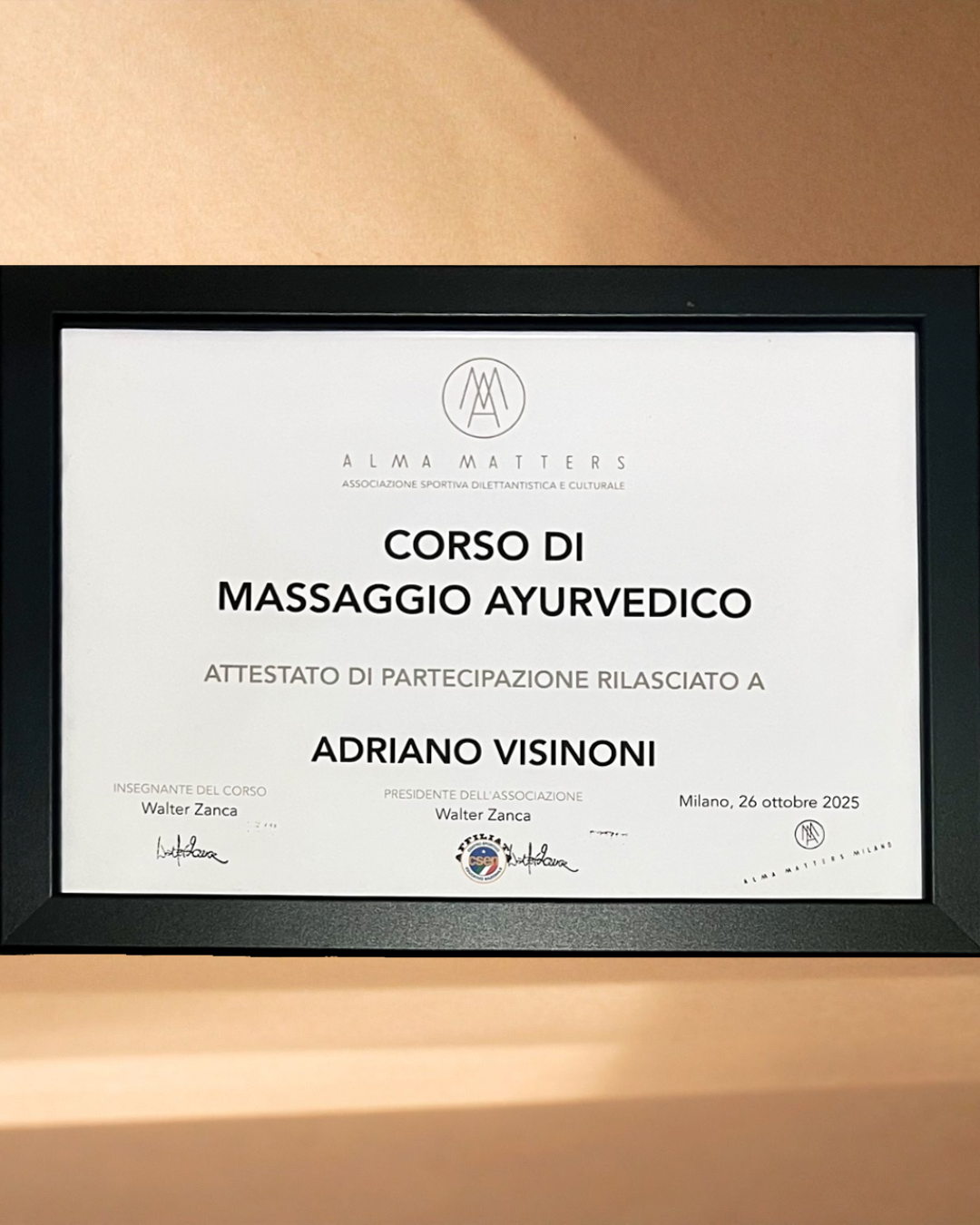 Attestato Massaggio Ayurvedico — Adriano Visinoni
