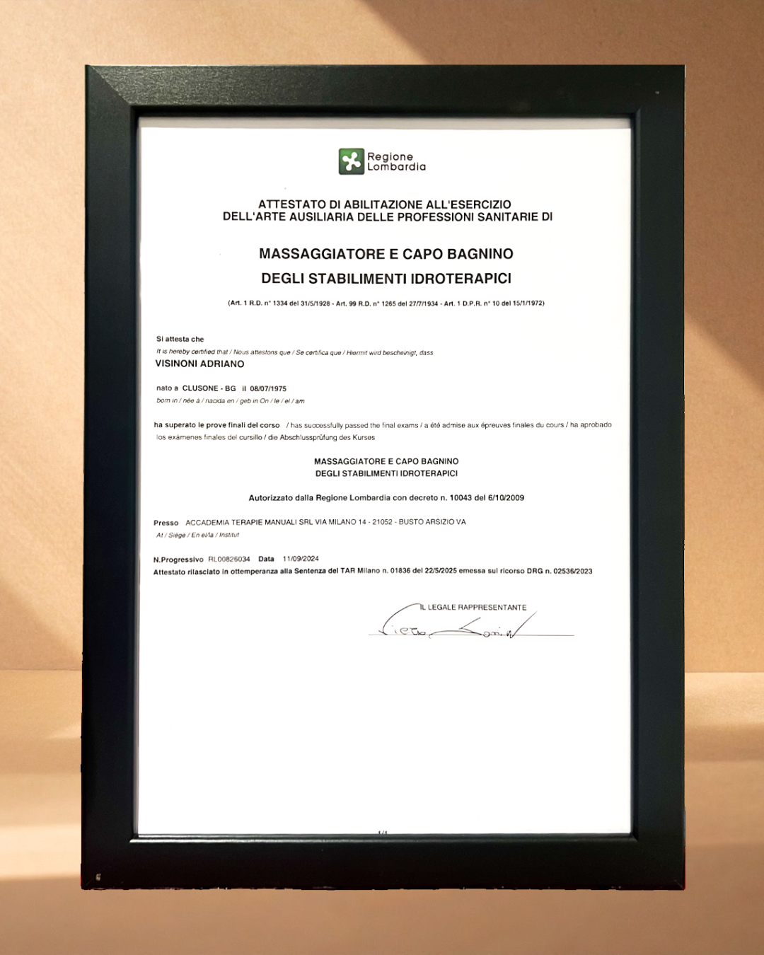 Attestato Abilitazione Regione Lombardia — Adriano Visinoni